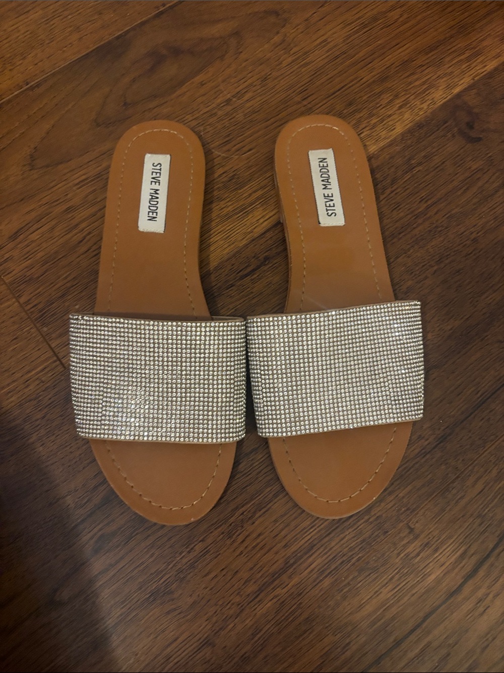 Steve Madden Tan Slide Sandals with Rhinestone Strap